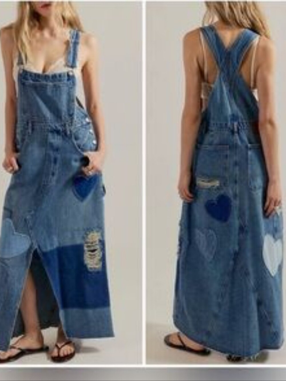 Blue Denim Overall Maxi Dress with Heart Patch Details
